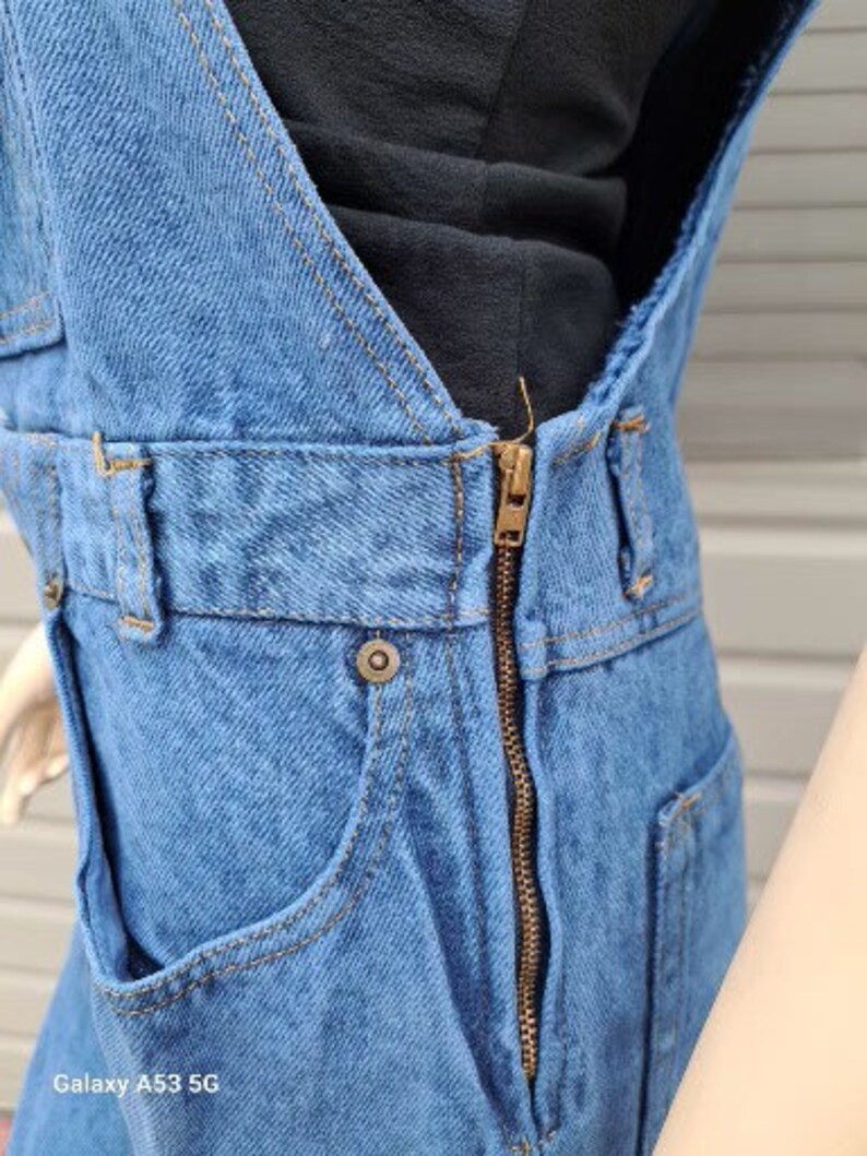 Unique chest straps Vintage 80s blue denim Overalls Size Small image 5