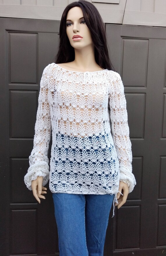 Vintage White hand crocheted SWEATER Small to medi