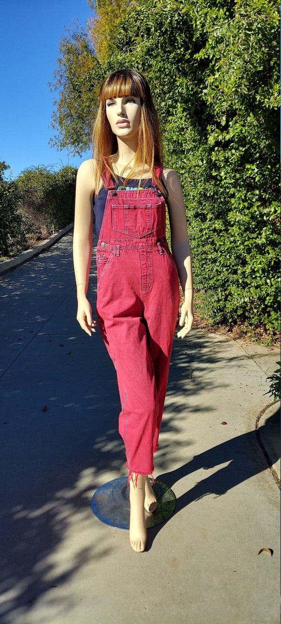 Vintage 80s  cropped denim Red Overalls Size Small