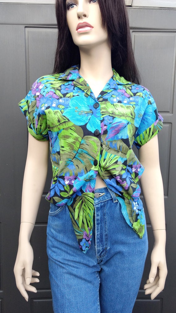 Croped tropical print shirt top Vintage 70-80's S… - image 2