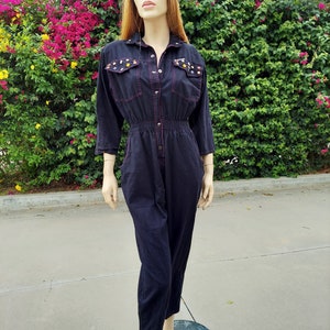 Vintage Jeweled Black Cotton Jumpsuit Vintage 80's Sz Small image 1