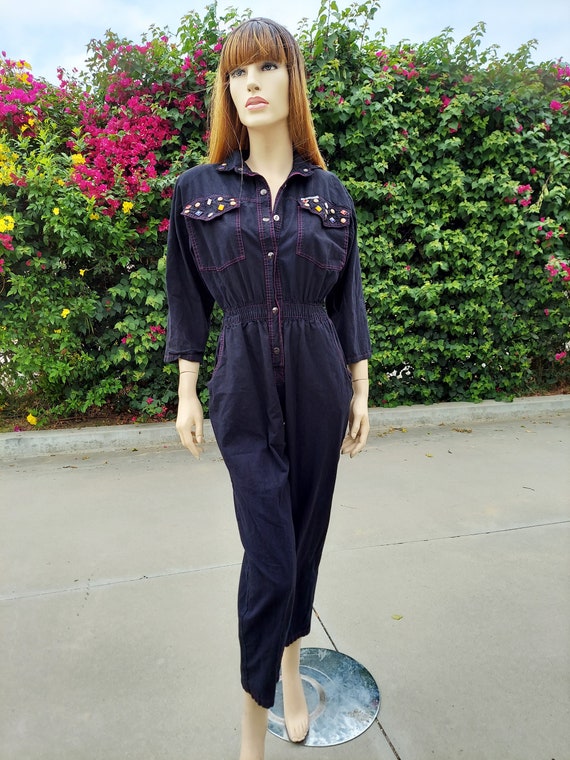 Vintage Jeweled Black Cotton  Jumpsuit Vintage 80… - image 1