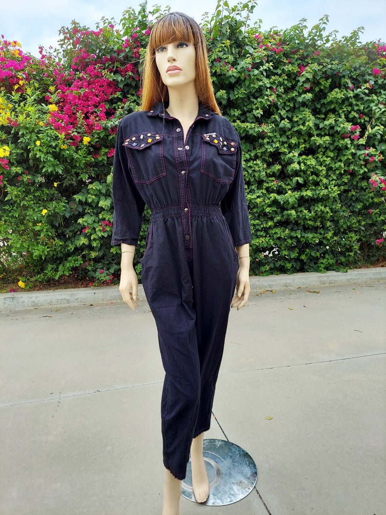 Vintage Jeweled Black Cotton Jumpsuit Vintage 80's Sz Small image 1