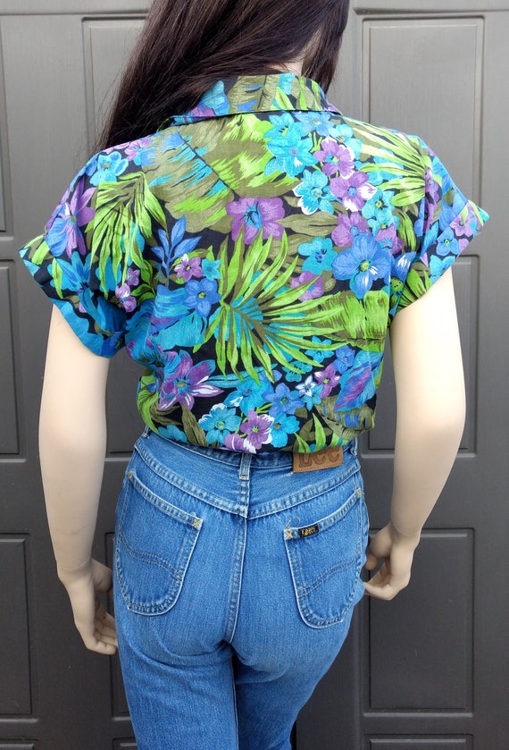 Croped tropical print shirt top Vintage 70-80's S… - image 6