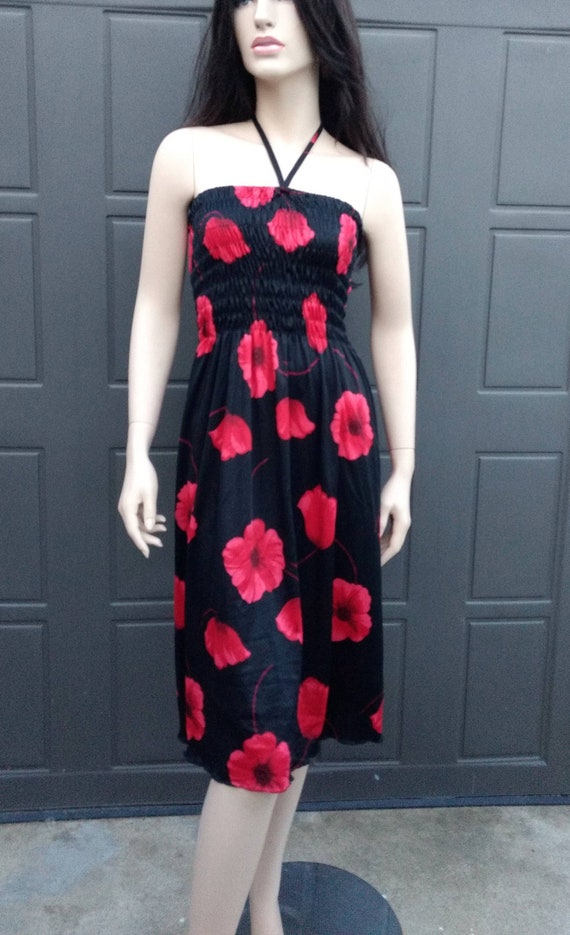 1970's Vintage black and red flower dress sz Small - image 1