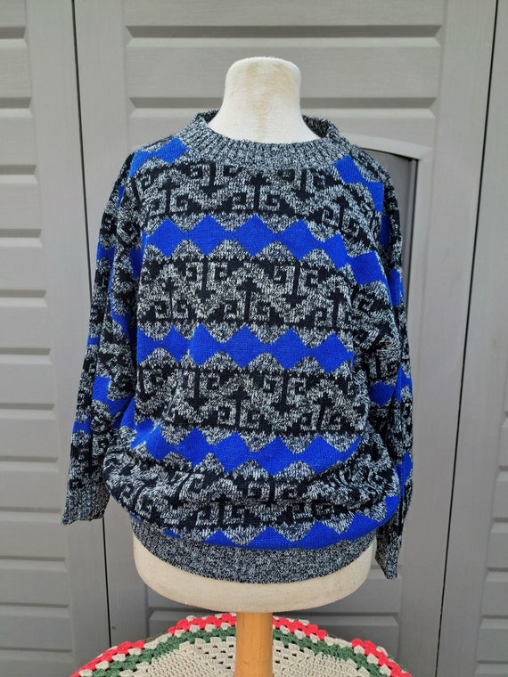 Vintage 1980s  sweater adorable cobalt blue black… - image 1