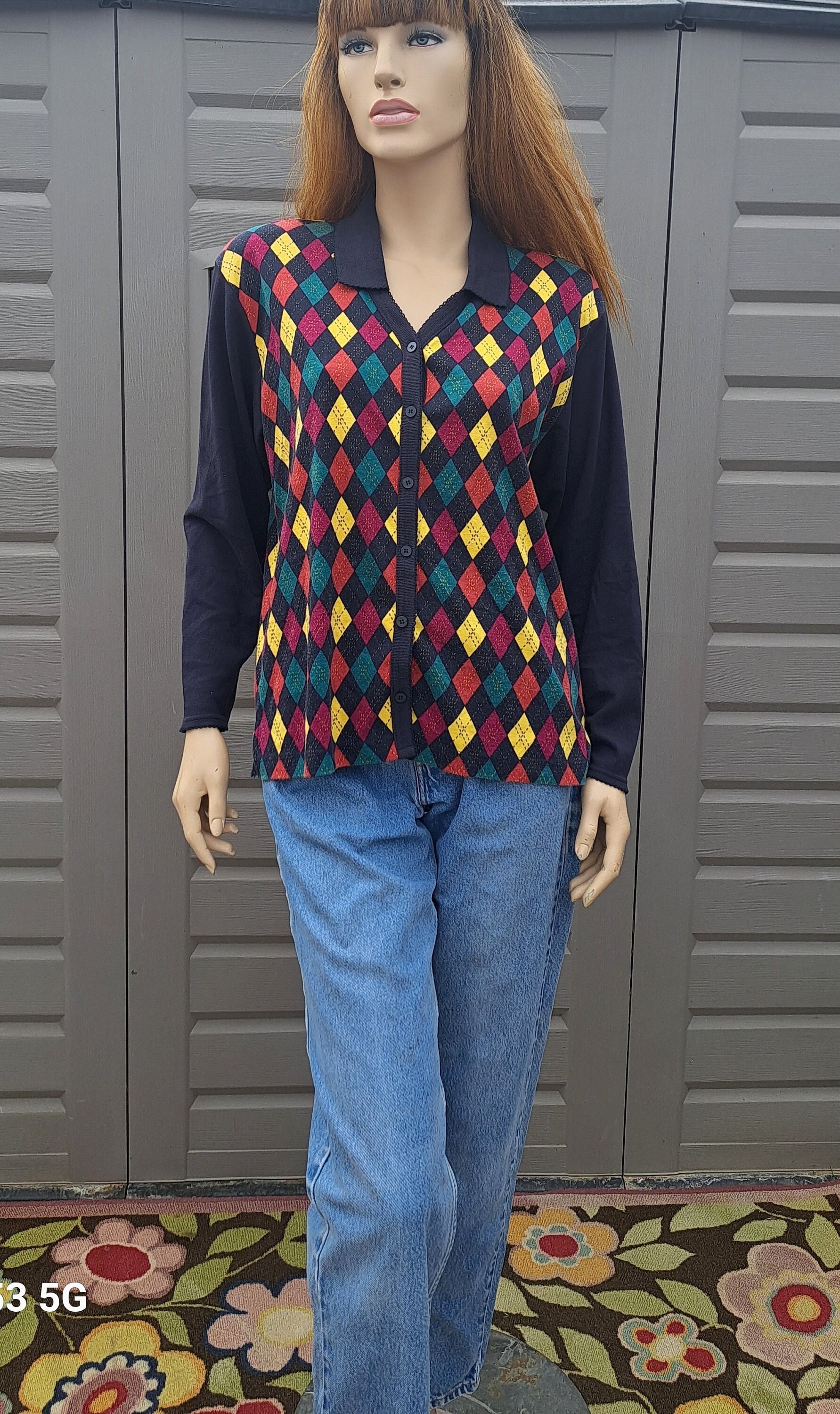 16--vintage 80's Liz Sport Argyle Cotton Knit Shirt Top Button