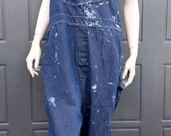 Vintage  Sears Soft denim Paint splatered Overalls up to 37 inch waist