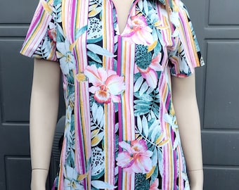 Groovy 70's flower print pullover shirt top Vintage 70's  sz small-medium
