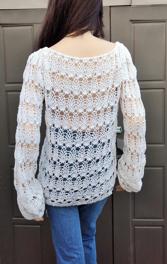 Vintage White hand crocheted SWEATER Small to med… - image 4