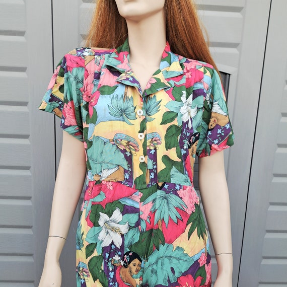 Vintage 80's Tropical hibiscus island girl colorf… - image 3