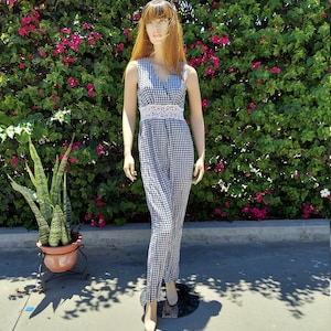 Vintage 90&#39;s darling black and white graham check jumpsuit crochet waist, Sz Medium