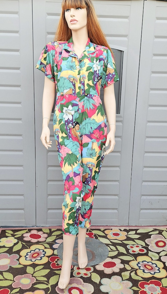 Vintage 80's Tropical hibiscus island girl colorf… - image 1