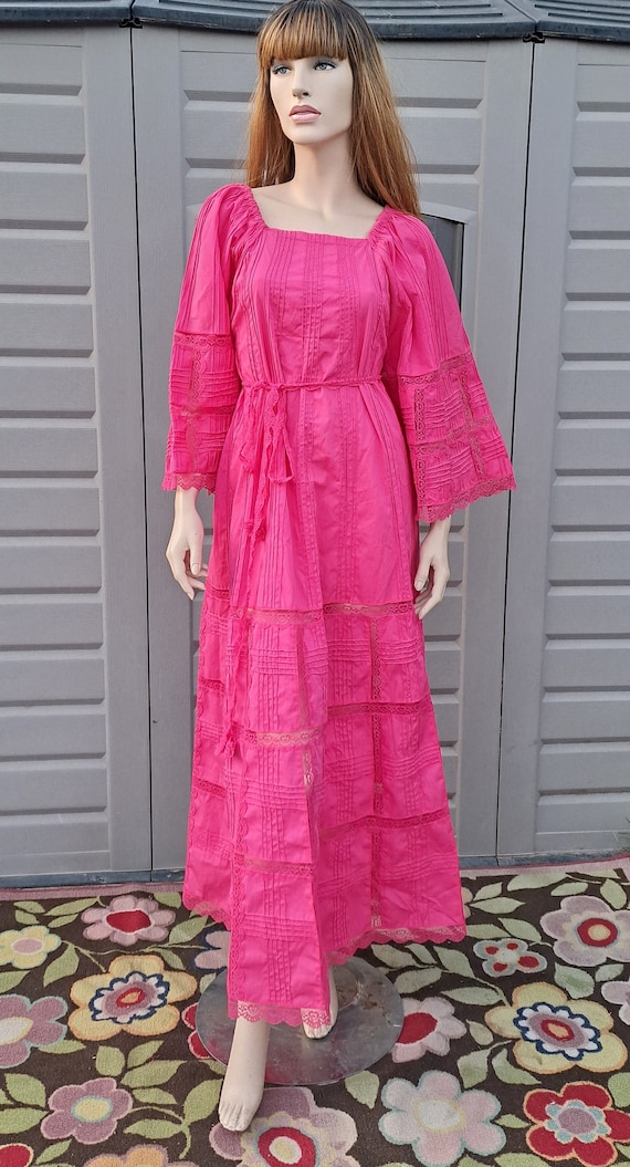 Gorgeous Hot Pink Bell Sleeves Mexican Pintuck Lace Cotton Maxi Dress Vintage Sz Small Etsy UK
