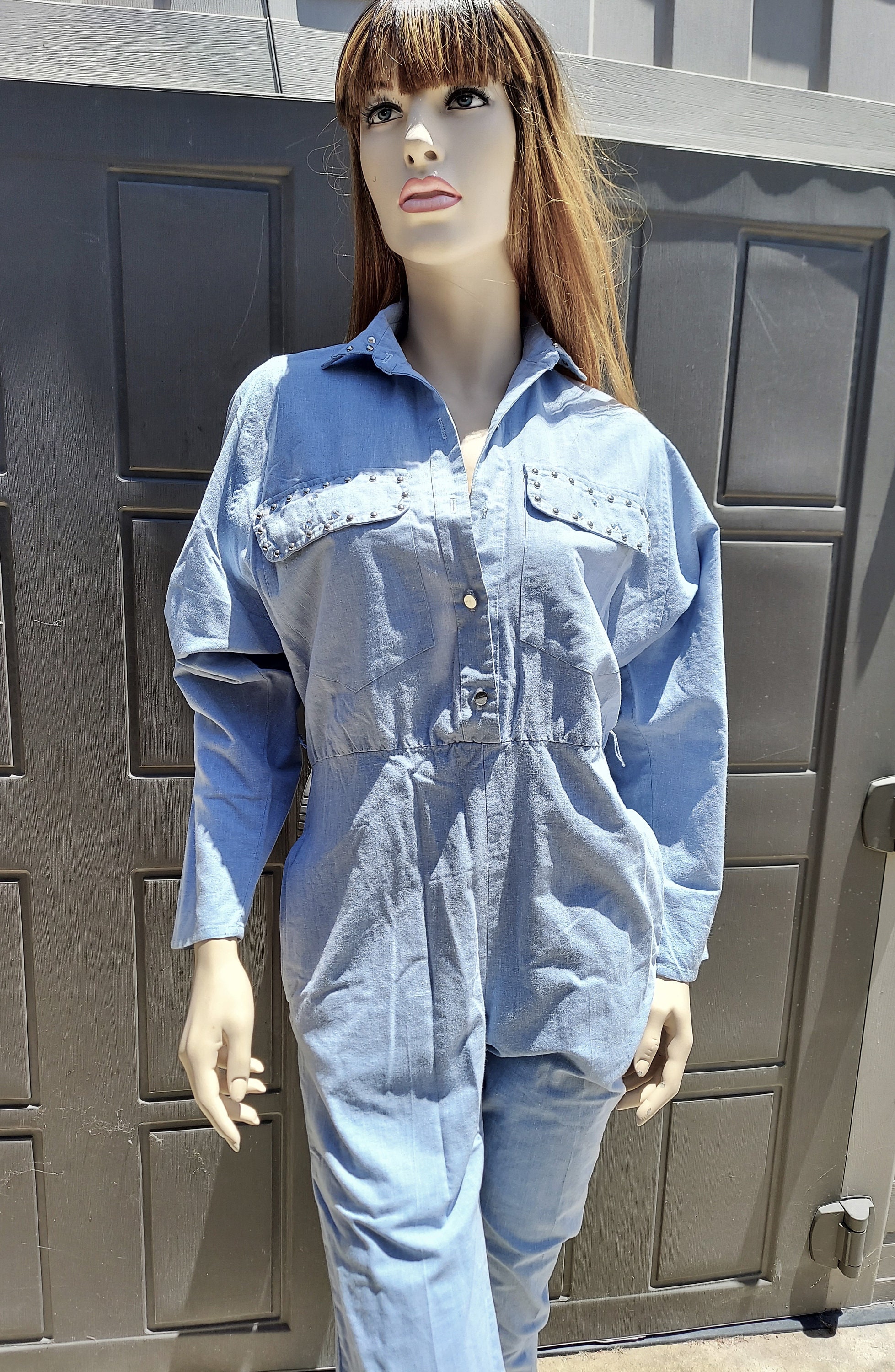 Chambray Blue Studded Jumpsuit Jumper Vintage 80's Sz Large
