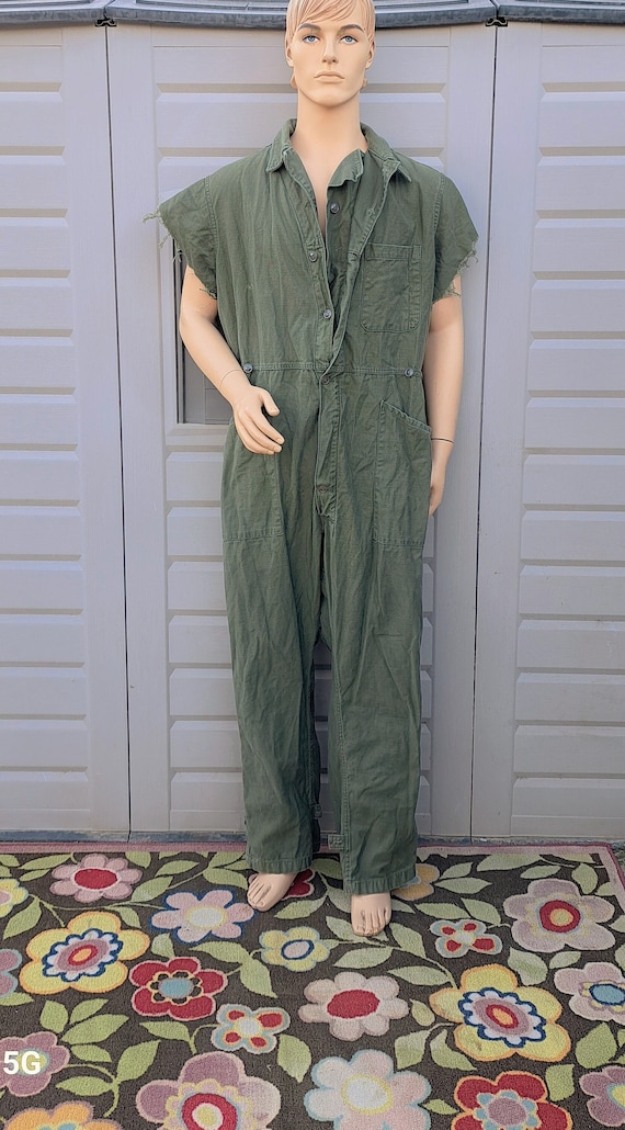 USA Green Coveralls Jumpsuit Vintage 70's Flight Suit up to 42