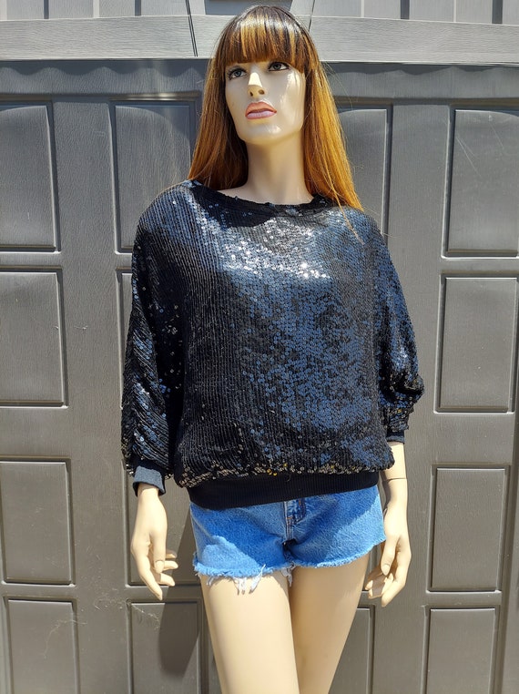 Vintage 70's 80's Black Silk Sequins top I Magnin 