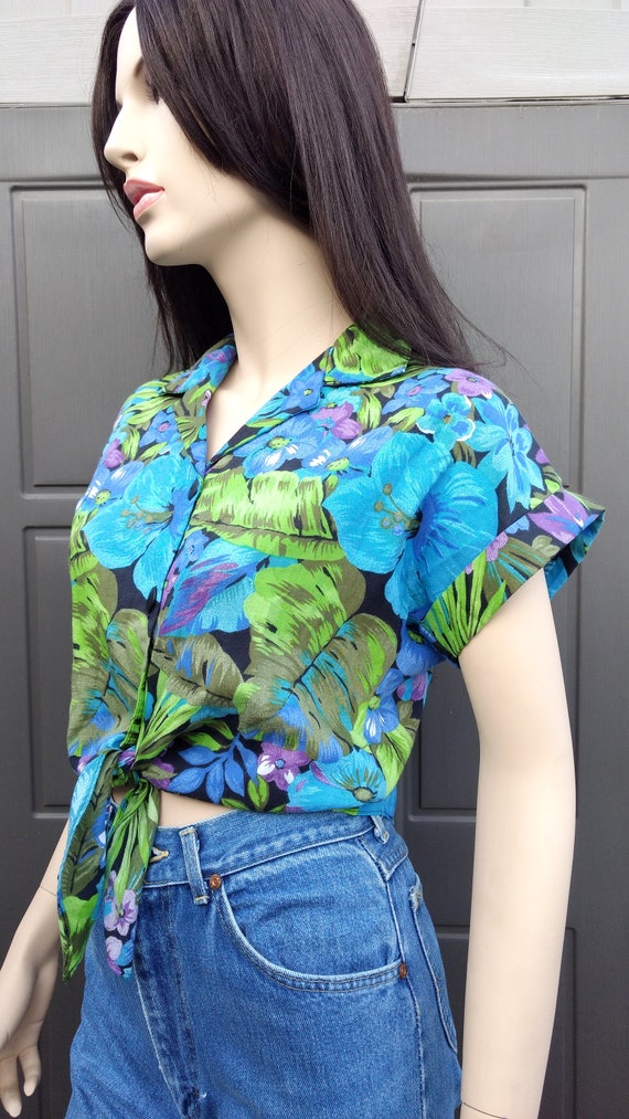 Croped tropical print shirt top Vintage 70-80's S… - image 3