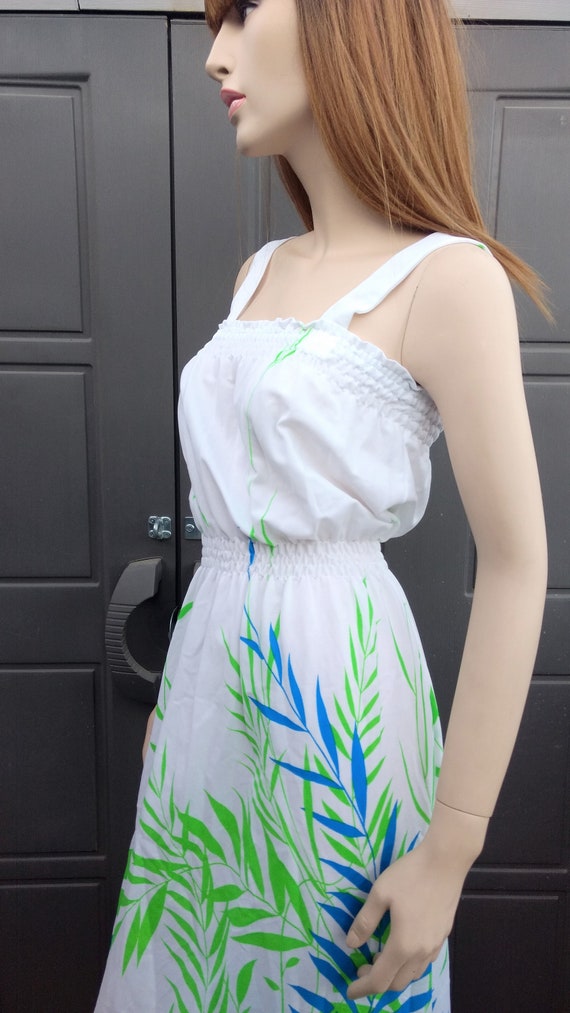 1970's Vintage White sundress with blue &  green … - image 1