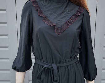 Vintage 1970's Black  dress with Victorian style and lace