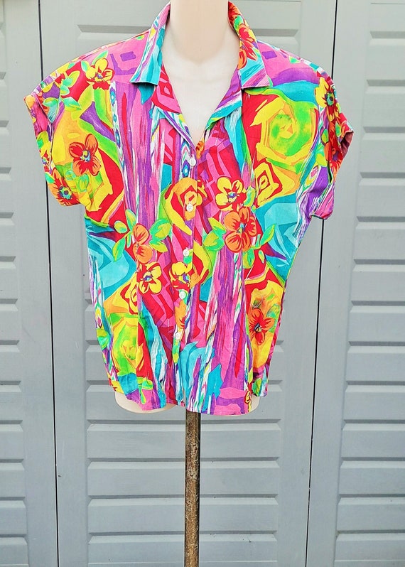 Vintage 80's bright colorful  cotton shirt top blo
