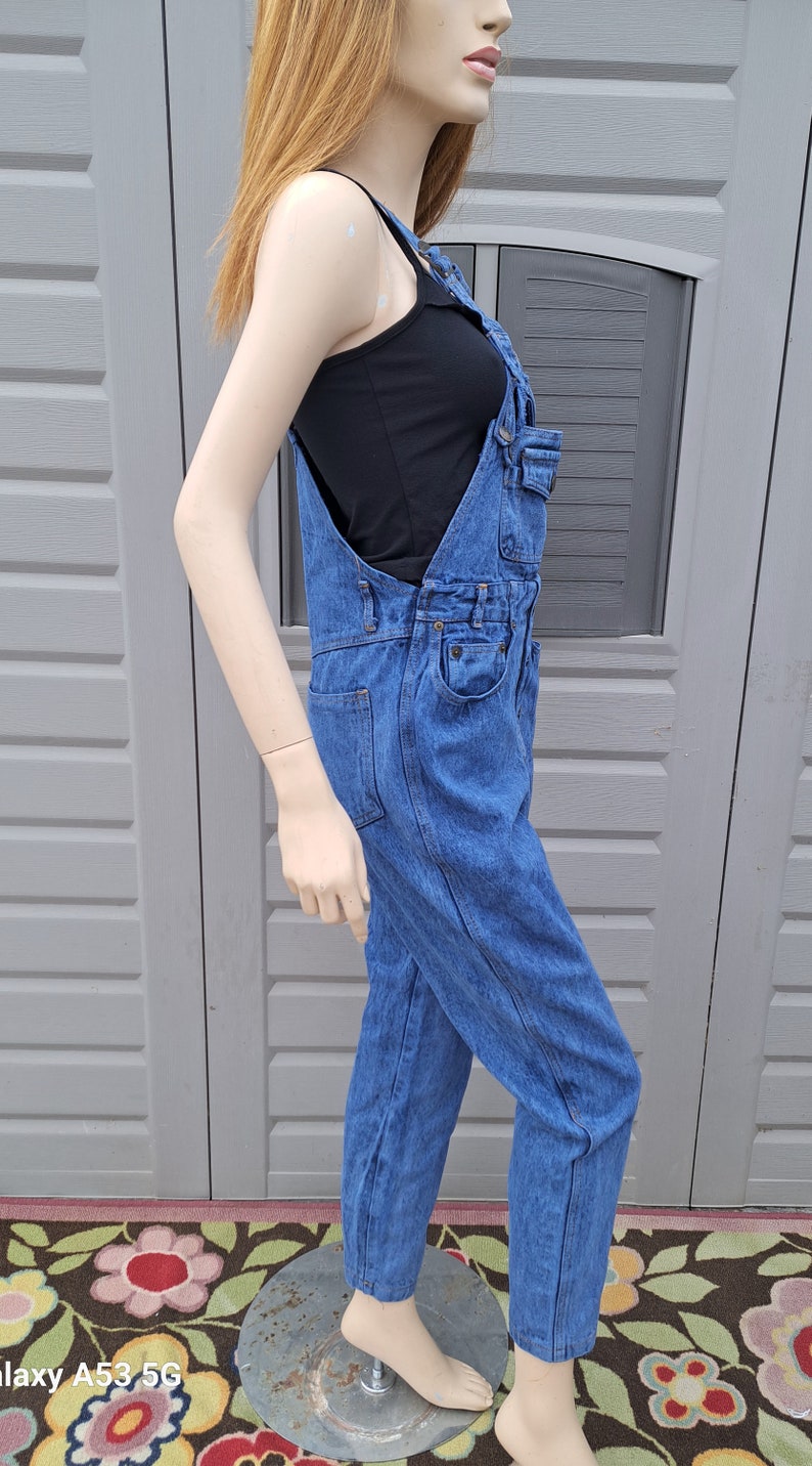 Unique chest straps Vintage 80s blue denim Overalls Size Small image 2