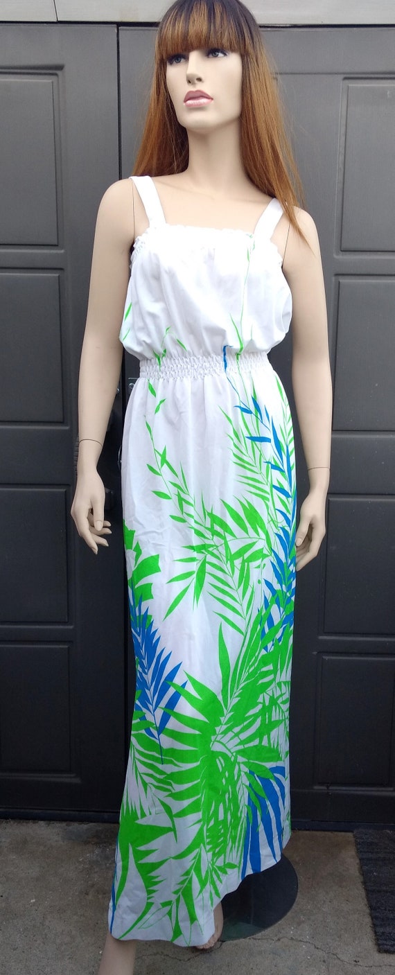 1970's Vintage White sundress with blue &  green … - image 2