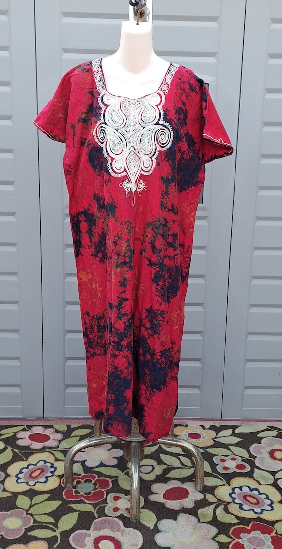 Batik Tie Dye Embroidered  Cotton BOHO Dress Vint… - image 1