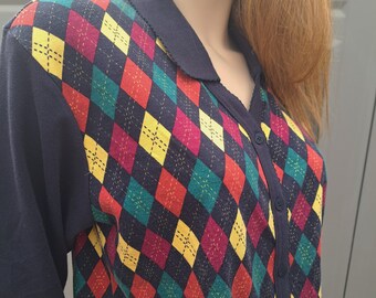 16--vintage 80's Liz Sport Argyle Cotton Knit Shirt Top Button