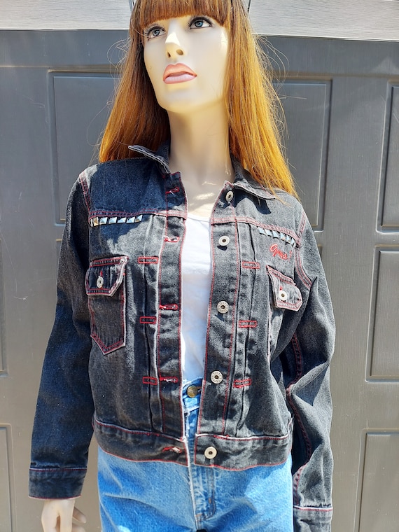Black denim VTG Guess Jacket with red stitching  … - image 2