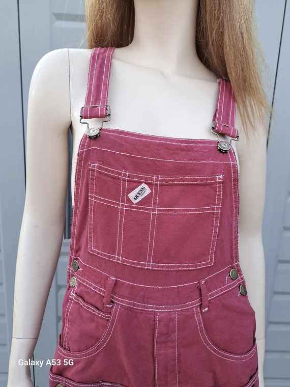 Vintage 80s Guess Cut off Denim Wine Color Shortalls Overalls Sz