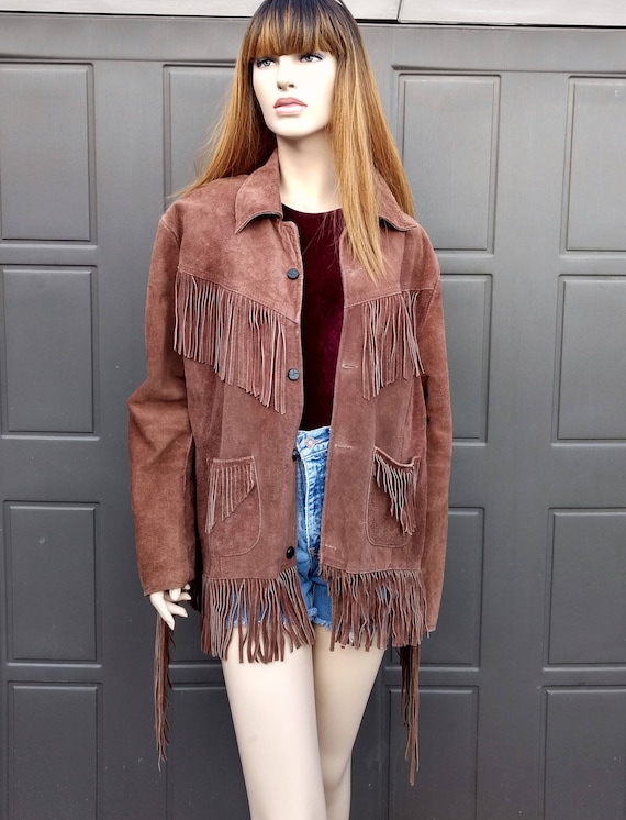 60's 70's Brown Suede leather Fringe Jacket Coat