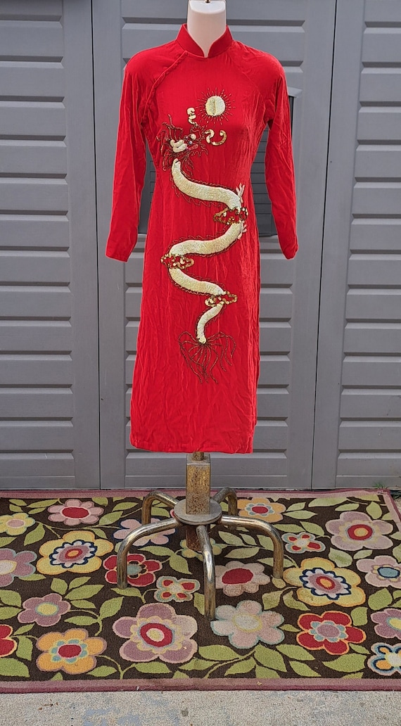 Red Velvet beaded sequin dragon Vintage 60's 70's 