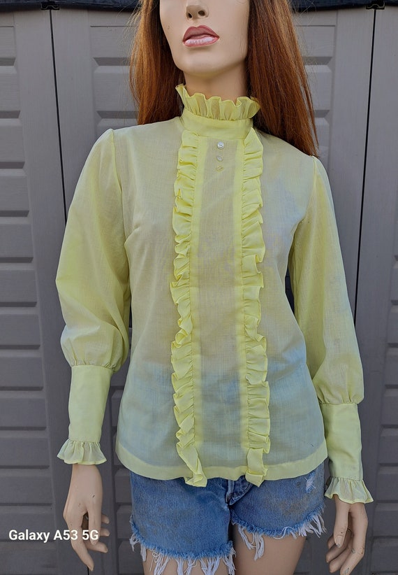 Tellow Ruffles Vintage 70's yellow ruffle top tuxedo ruffle shirt to… - Gem