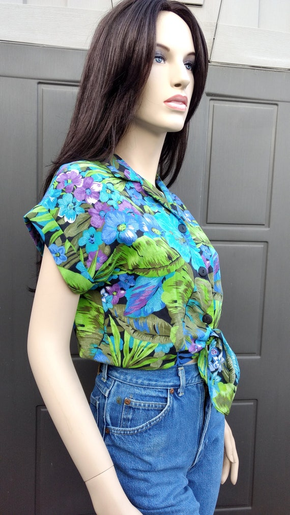 Croped tropical print shirt top Vintage 70-80's S… - image 4