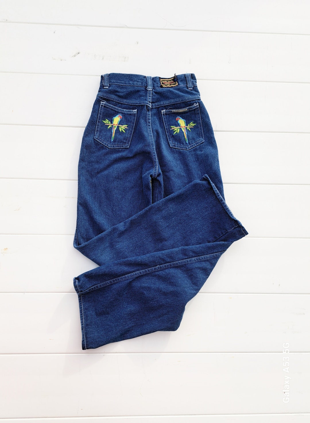 KIDS BON BON Vtg 70's Emroidered Parrots Denim Jeans 21.5 W X 26
