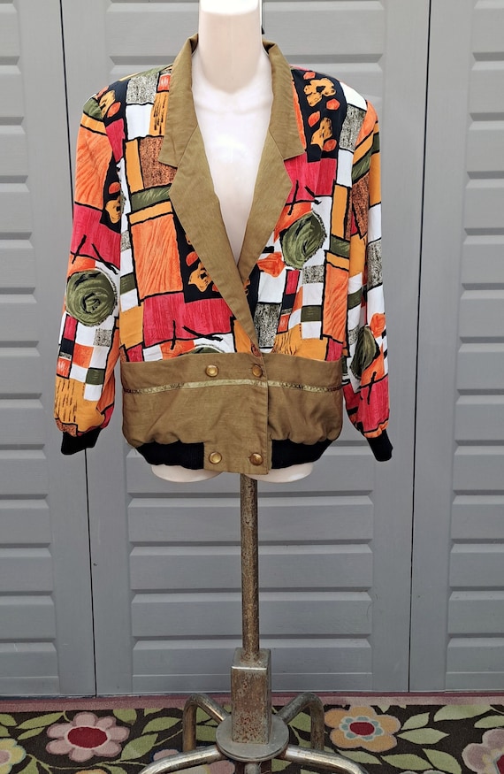 Silk Vtg 90's colorful artsy Bomber Jacket 1980s  