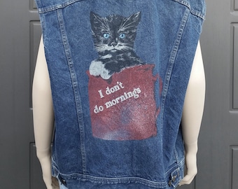Vtg Lee Denim Jacket  with Cute cat on the back I dont' do mornings   49 in chest