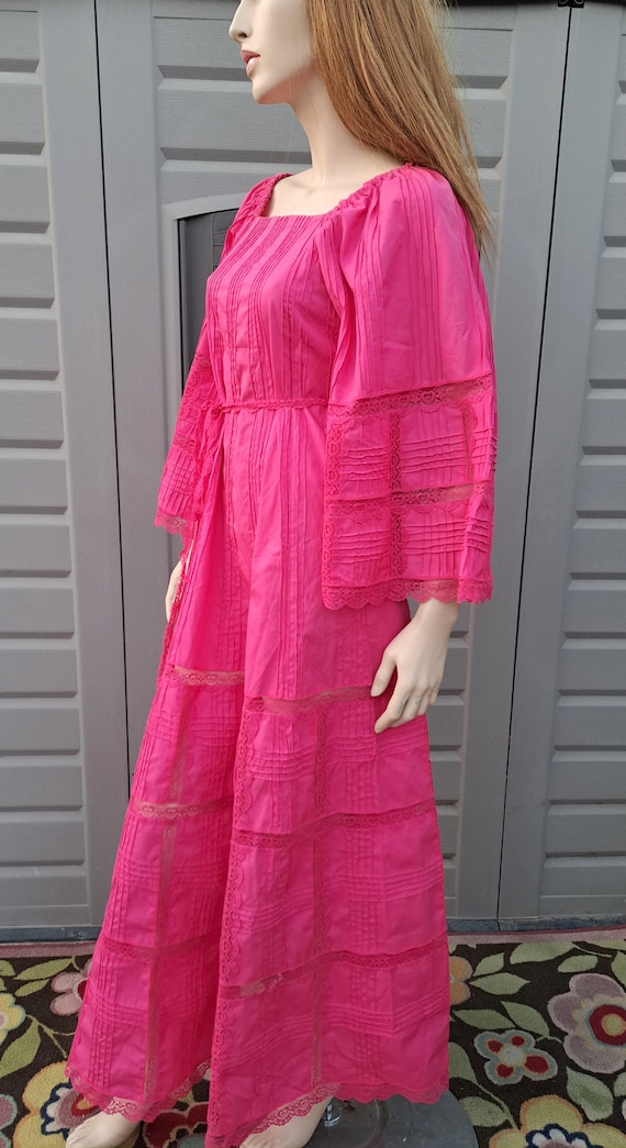 Gorgeous Hot Pink Bell Sleeves Mexican Pintuck Lace Cotton Maxi Dress  Vintage Sz Small - Etsy