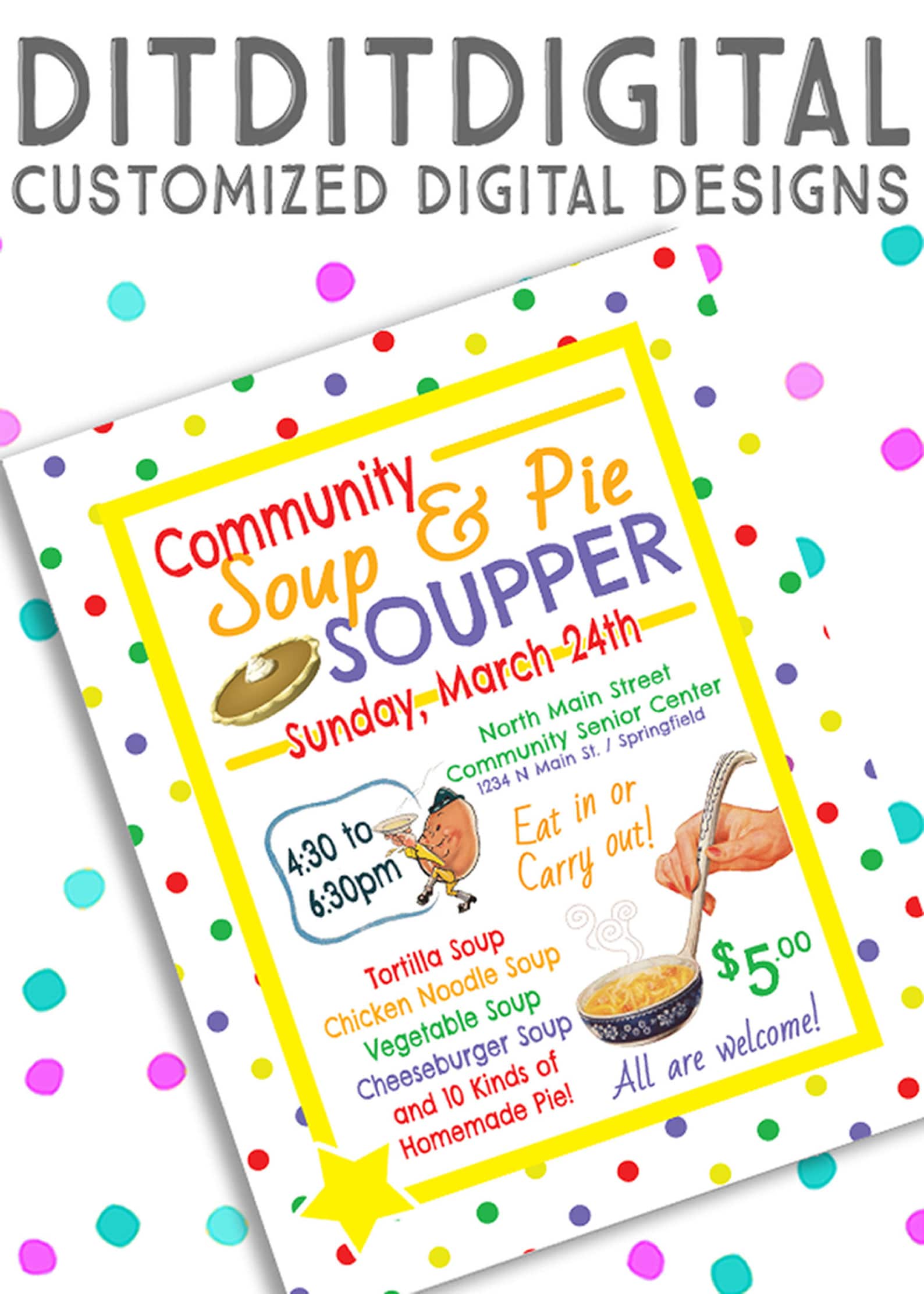 COMMUNITY DINNER Church Fundraiser Soup Pie 5x7 Invite Etsy