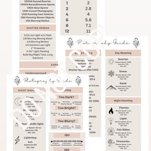 May include: A photography guide with tips for taking photos in different lighting conditions, including night, day, and low light. The guide includes information on shutter speed, aperture, ISO, and exposure. It also includes tips for taking photos of specific subjects, such as fireworks, traffic, and landscapes.