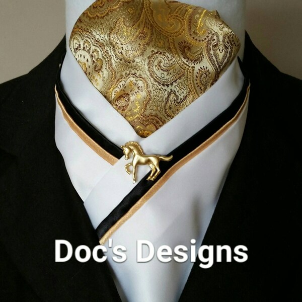 Doc's Designs Gold Paisley,  Gold, Black and White Dressage Stock Tie