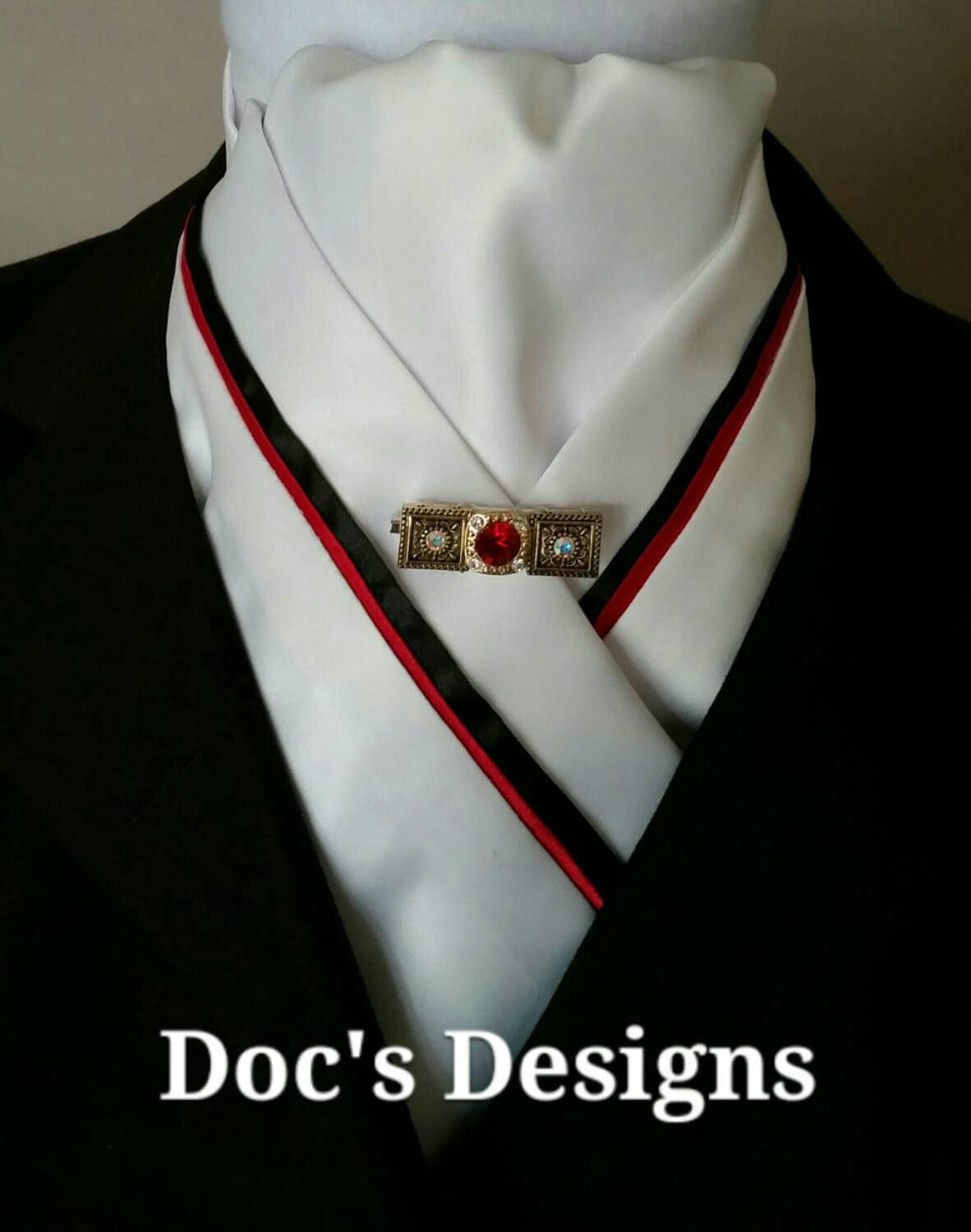 HHD White Satin Custom Equestrian Dressage Stock Tie Rose Gold & Navy With a Pearl Rhinestone