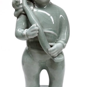 Vintage Chinese Celedon Peasant Boy Statue Porcelain