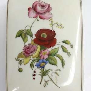 Vintage Bone China Wedgwood Rectangle Trinket Box With Lid and Signed by A. O&#39;Dea on Cover With Mixed Flower Hand Painting