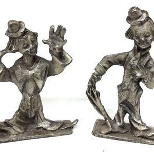 Hand Carved Vintage Collectible Pewter Clowns Pair Miniature Marked