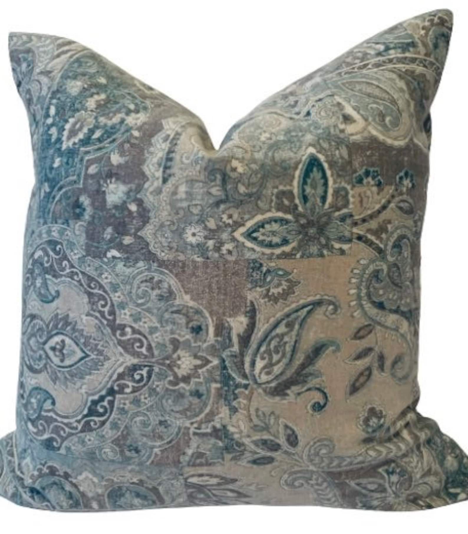 Teal Blue Grey Taupe Tan Ivory Beige Pillow Cover Paisley Etsy