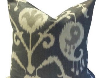 Charcoal grey and ivory beige Ikat pillow cover 18 x 18 Magnolia Home Fashions Java Light Pewter