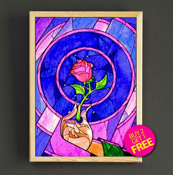 Beauty And The Beast Print Stained Glass Rose Poster Cursed Etsy