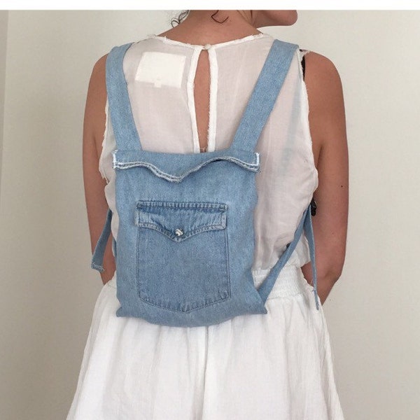 Mini Denim Backpack - Handmade Small Backpack from Levis Shirt - Light Denim Backpack Purse - Small Rucksack - BAC-11